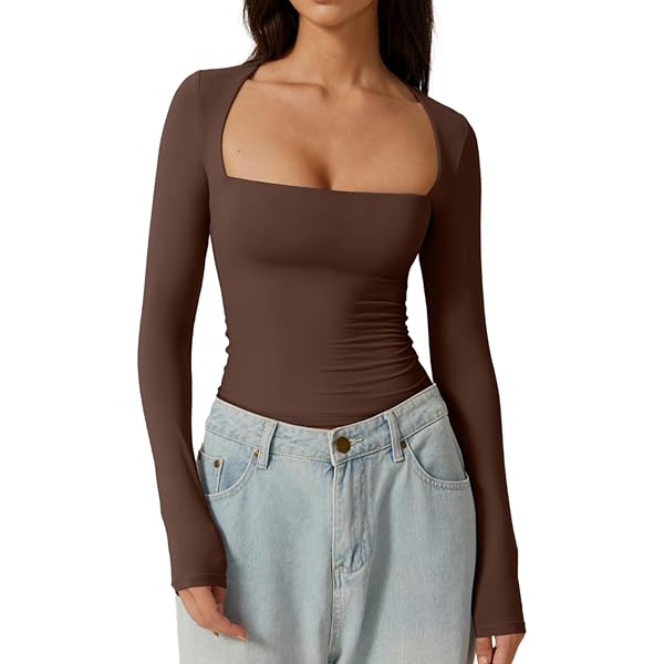 Women Y2K Sexy Square Neck Crop Top Long Sleeve Slim Fit